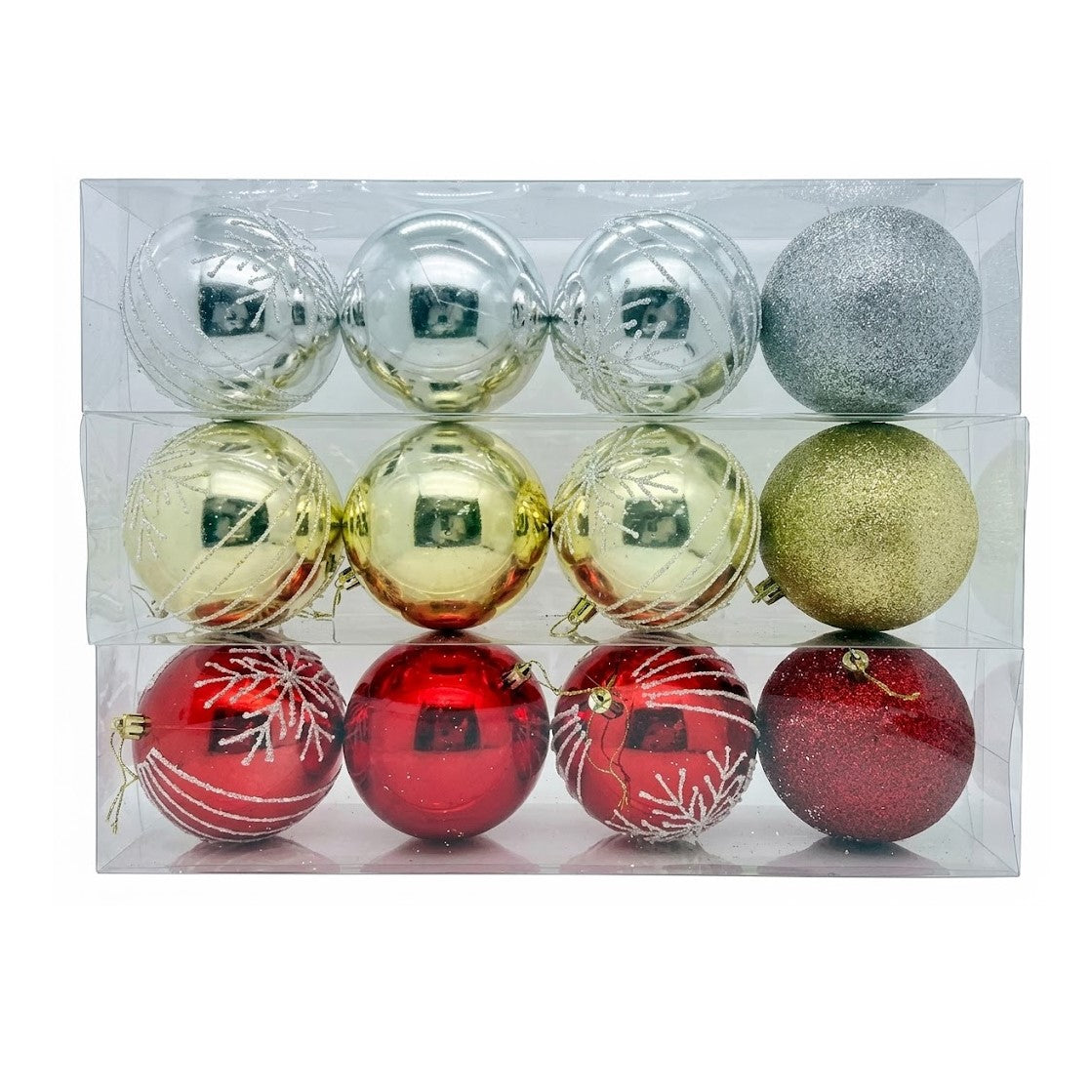 Christmas Shatterproof Glitter & Snowflake Ball Ornaments (4" / 10cm) - 4-Count Box Sets in Red, Gold & Silver | Wholesale