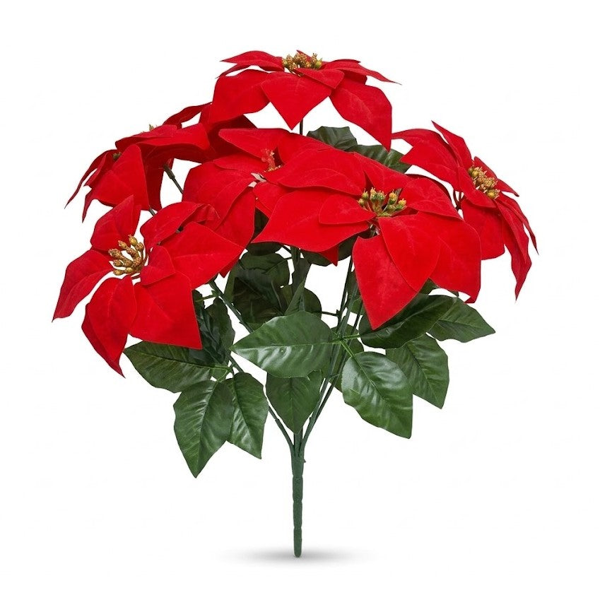 17" Artificial Red Poinsettia 7-Head Floral Bush - Premium Christmas Flower Spray | Wholesale