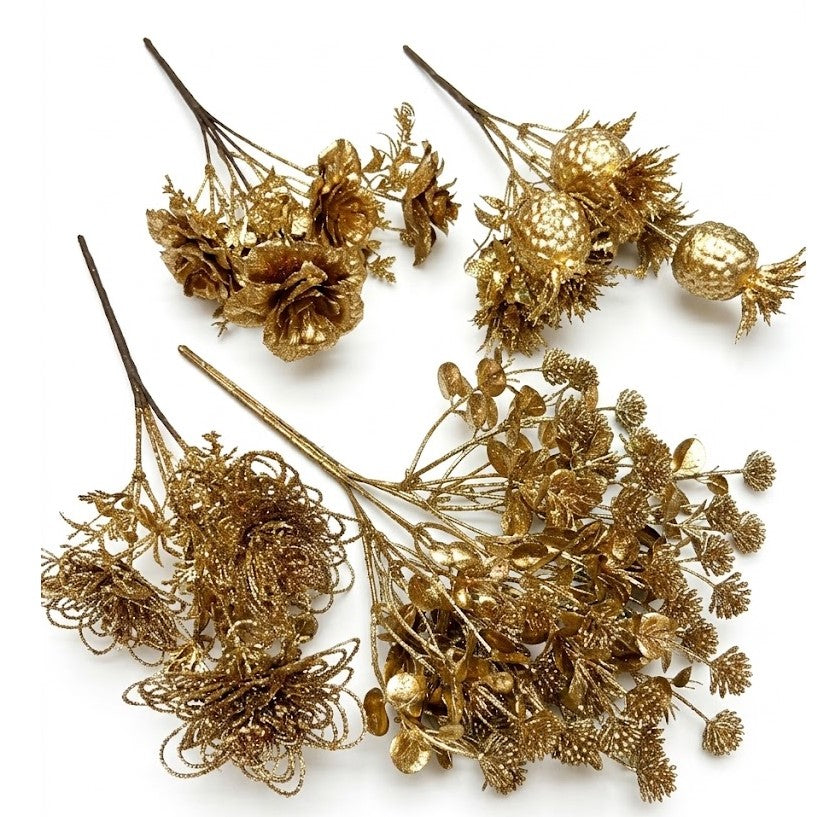 13" Metallic Gold Christmas Floral Picks & Sprays (Assorted Styles) | Wholesale