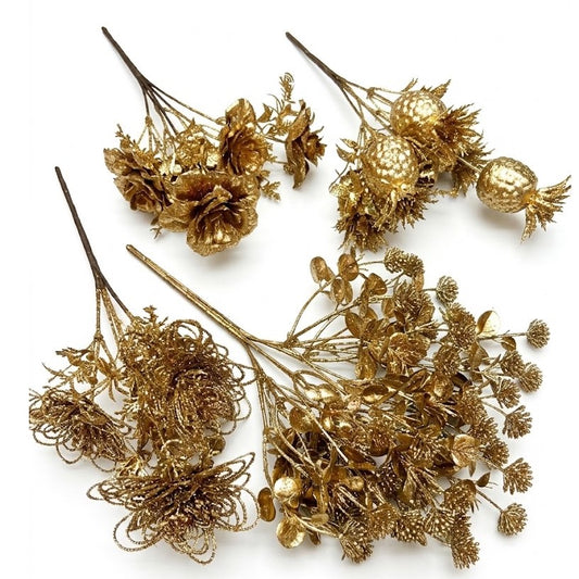 13" Metallic Gold Christmas Floral Picks & Sprays (Assorted Styles) | Wholesale
