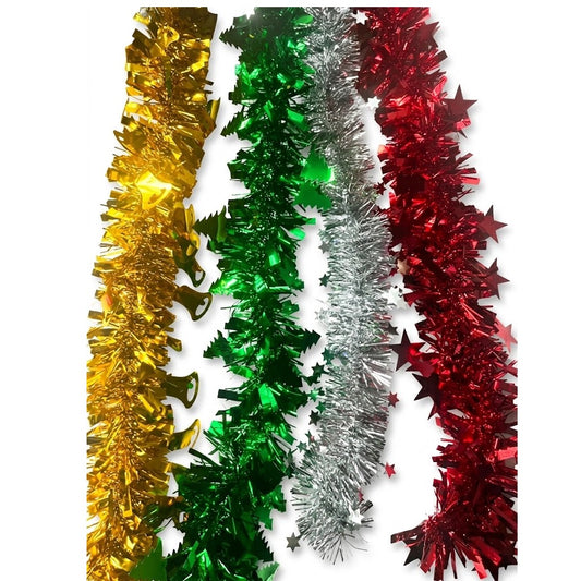 7ft Metallic Foil Christmas Tinsel Garland with Holiday Accents (Stars, Trees, Bells) - Assorted Colors | Wholesale