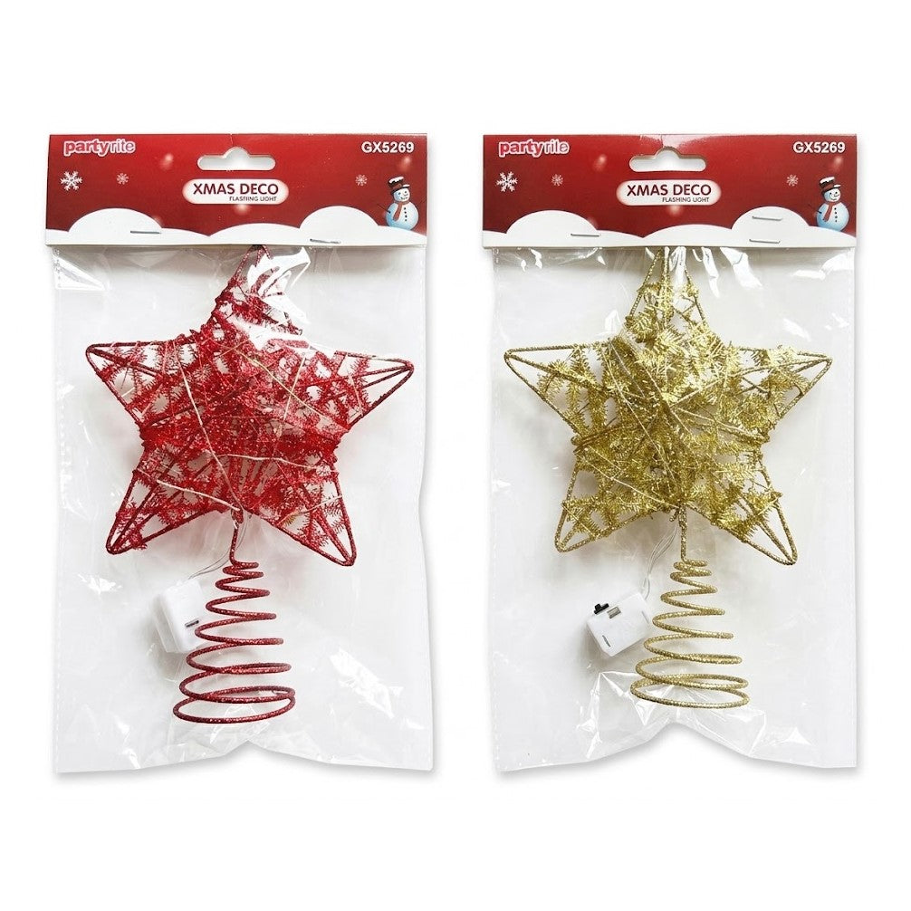 5.5" x 7.5" Christmas LED Flashing Light-Up Wire Star Tree Toppers (Assorted Gold & Red Glitter) | Wholesale