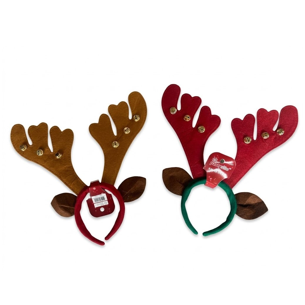 Christmas Reindeer Antler Headbands with Jingle Bells & Ears (Assorted Brown & Red Felt, 2 Styles) | Wholesale