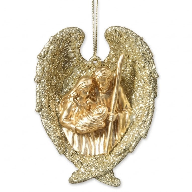 Christmas Gold Holy Family Nativity Ornament in Angel Wings (8.5x11cm) | Wholesale