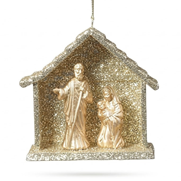 Christmas Gold Glitter Nativity Stable Ornament (9x9cm) - Holy Family Figures | Wholesale