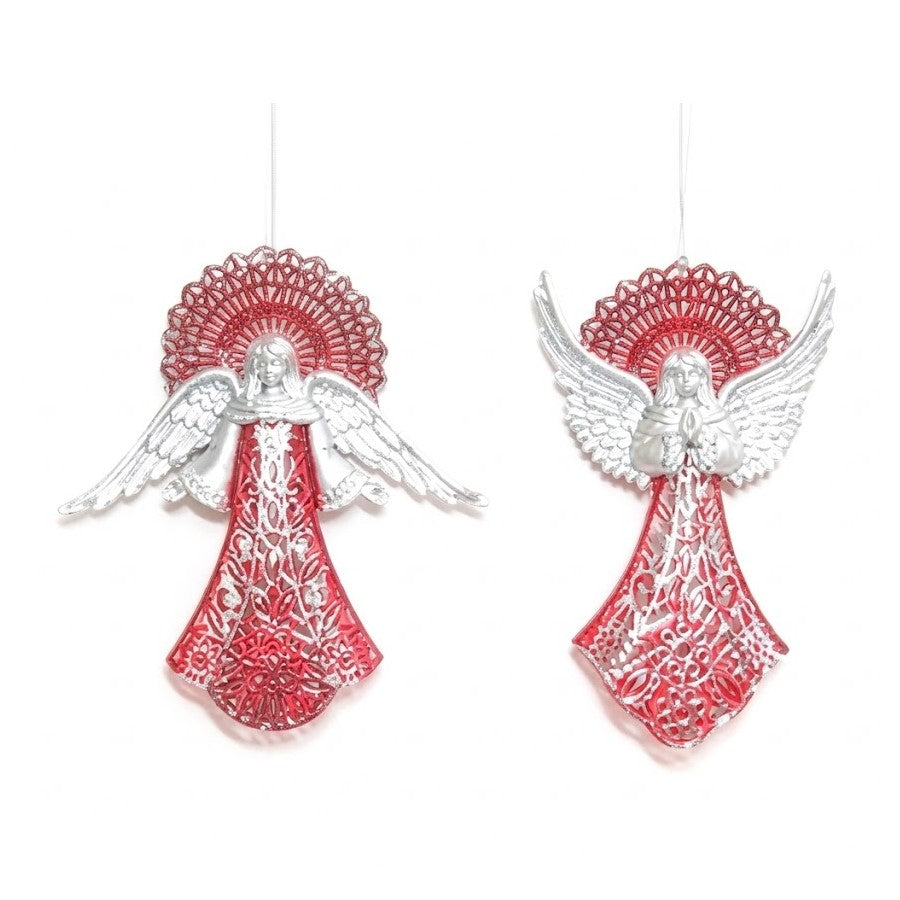 Christmas Filigree Angel Hanging Ornament (16cm) - Silver Wings & Red/Gold Glitter Assortment | Wholesale