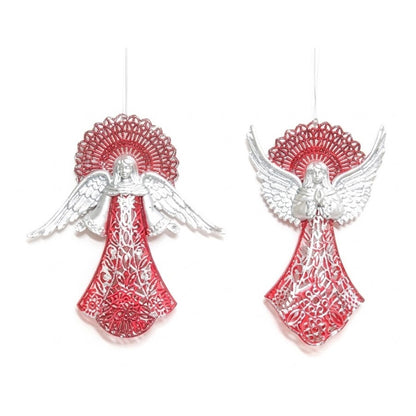 Christmas Filigree Angel Hanging Ornament (16cm) - Silver Wings & Red/Gold Glitter Assortment | Wholesale
