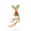 Christmas Gold Glitter Reindeer & Antler Ornament (9.5x18cm) - Red Bow & Holly Accents | Wholesale