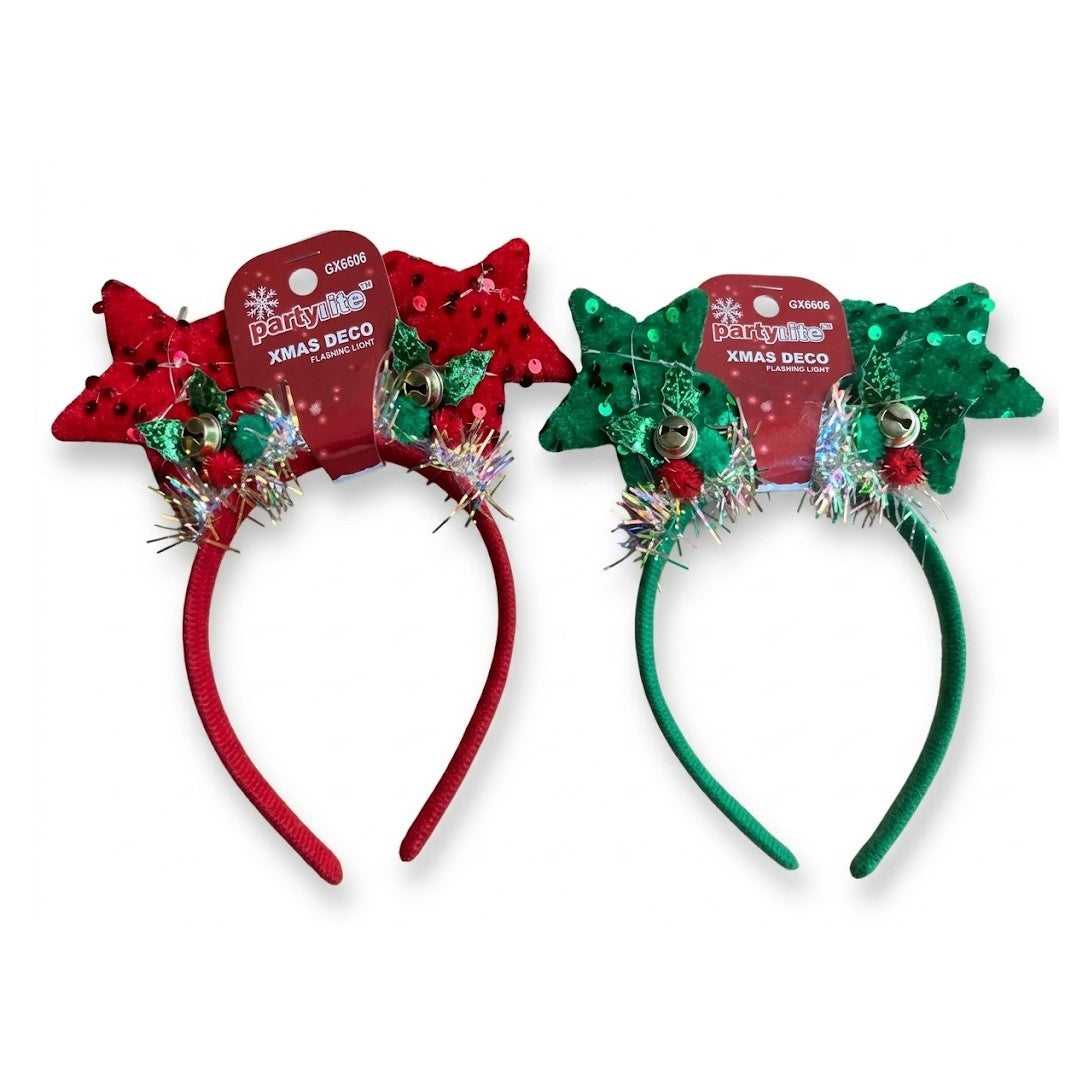Christmas LED Flashing Sequin Star Headband with Jingle Bells - Assorted Red & Green | Wholesale
