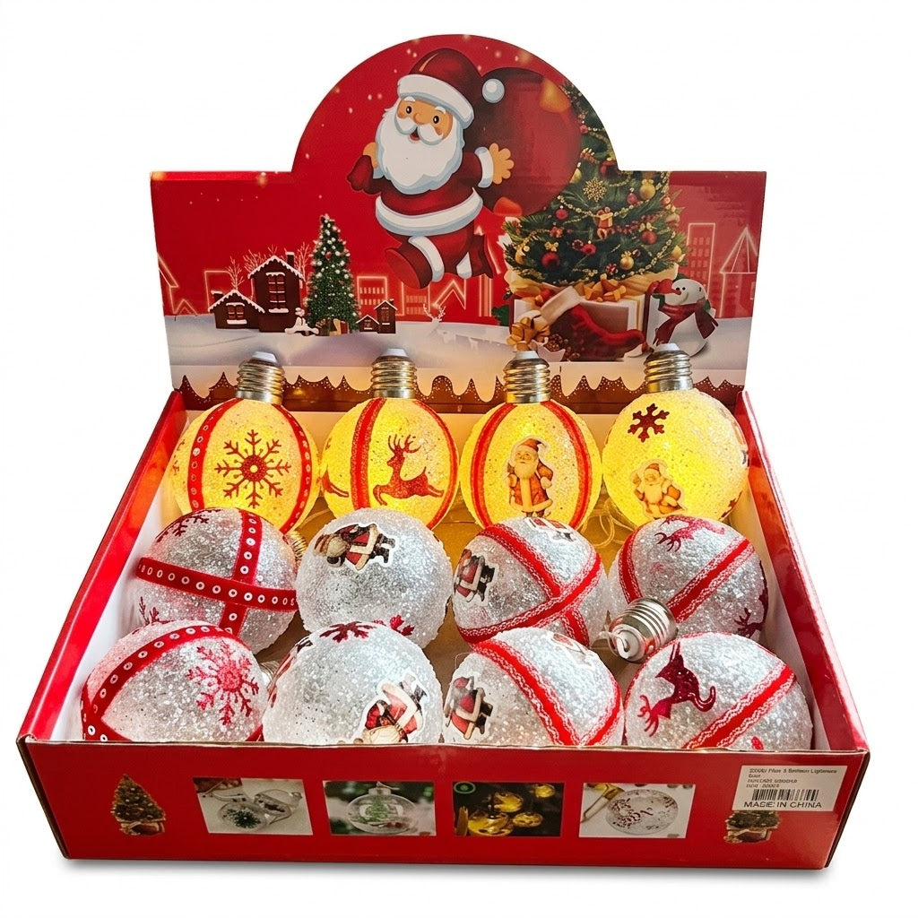 3" LED Light-Up Frosted Christmas Ball Ornaments (Assorted Ribbon & Holiday Motifs) | Wholesale