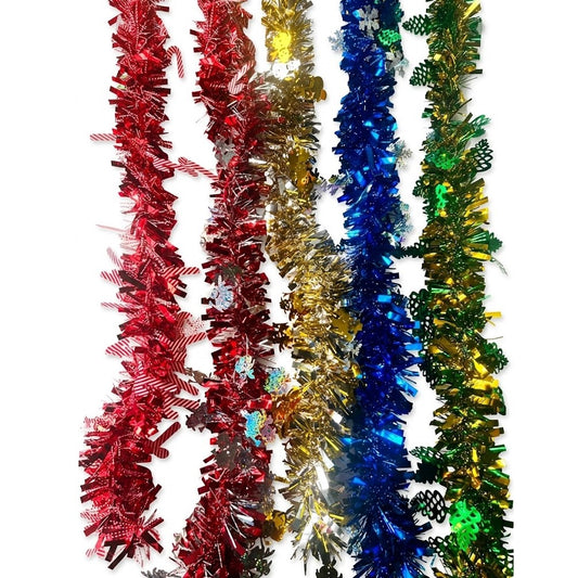 7ft Metallic Foil Christmas Tinsel Garland with Festive Holiday Icon Cutouts - Assorted Colors | Wholesale