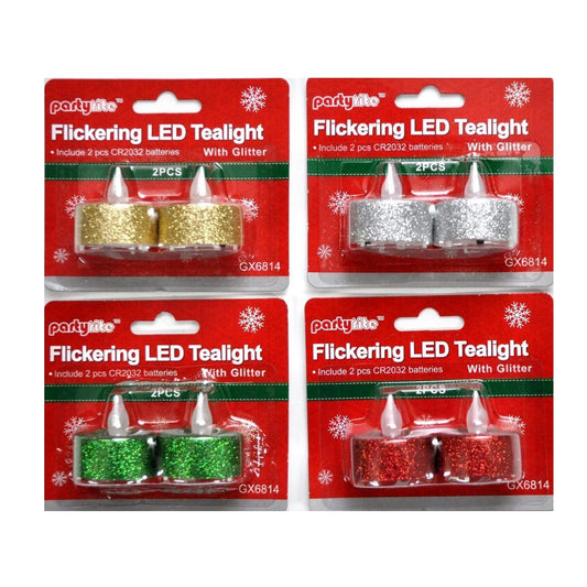 Partyrite Christmas Flickering LED Tea Lights with Glitter (2-Pack, Assorted Colors)| Wholesale