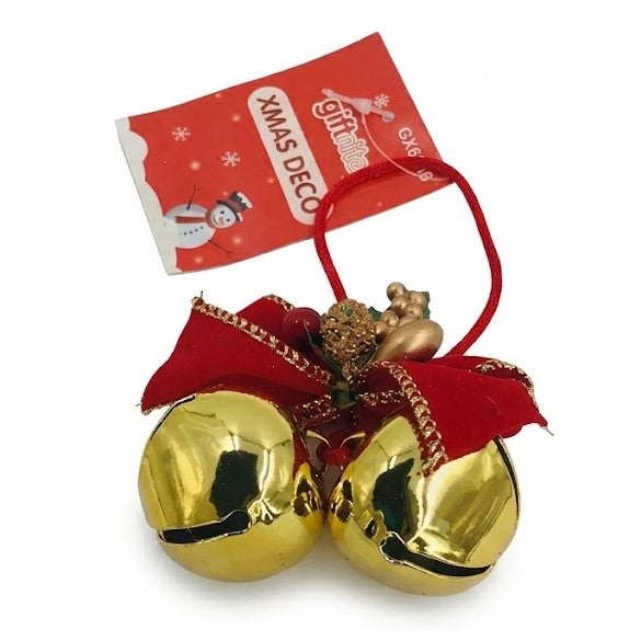 Christmas Gold Metallic Twin Jingle Bells Ornament - Gold-Trimmed Red Bow & Berry Accents | Wholesale