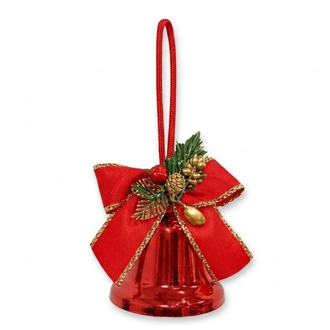 Christmas Red Metallic Jingle Bell Ornament (2.55" / 65mm) - Gold-Trimmed Red Bow & Pine Accents | Wholesale