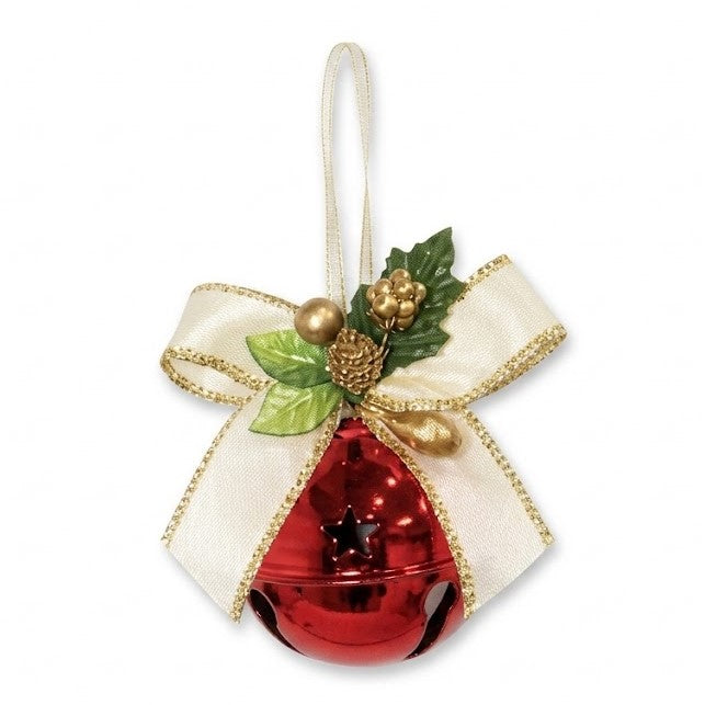 Christmas Red Metallic Star Jingle Bell Ornament (2.36" / 60mm) - Gold-Trimmed Cream Bow & Pine Accents | Wholesale