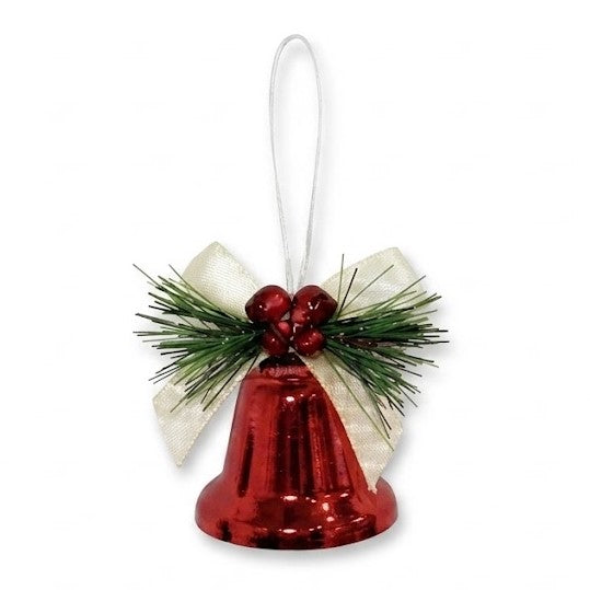 Christmas Red Metallic Liberty Bell Ornament (2.55" / 65mm) - Cream Bow & Pine Accents | Wholesale