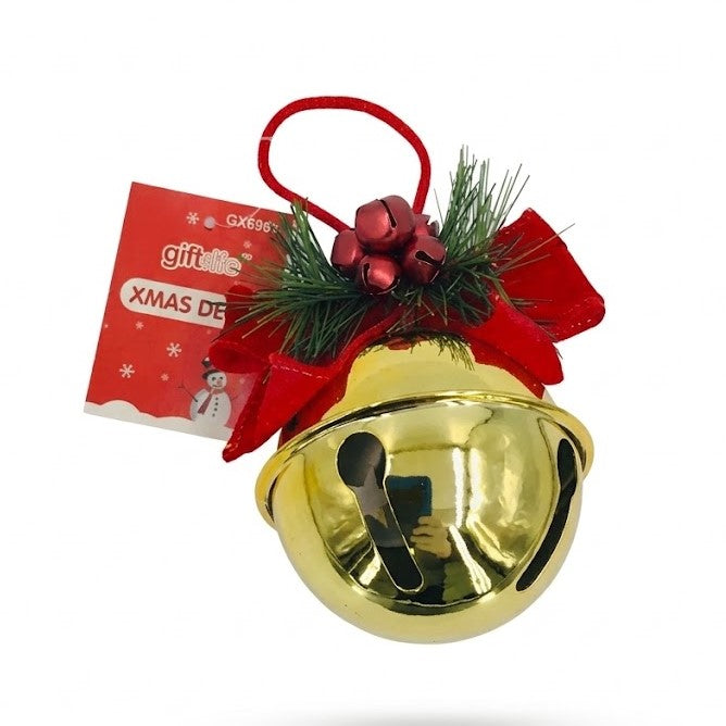 Christmas Large Gold Jingle Bell Ornament (3") - Metallic Gold Bell with Red Bow & Pine Accents | Wholesale
