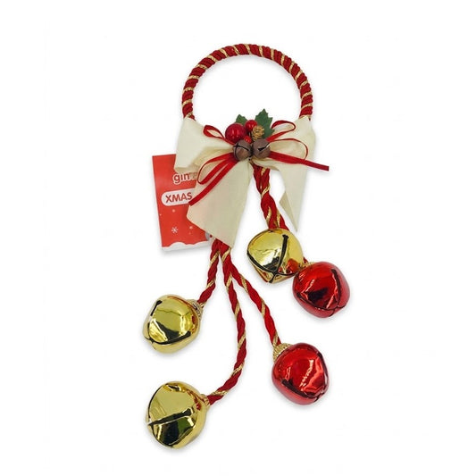 Christmas Jingle Bell Door Hanger - Red & Gold Metallic Bells with Cream Ribbon Bow | Wholesale