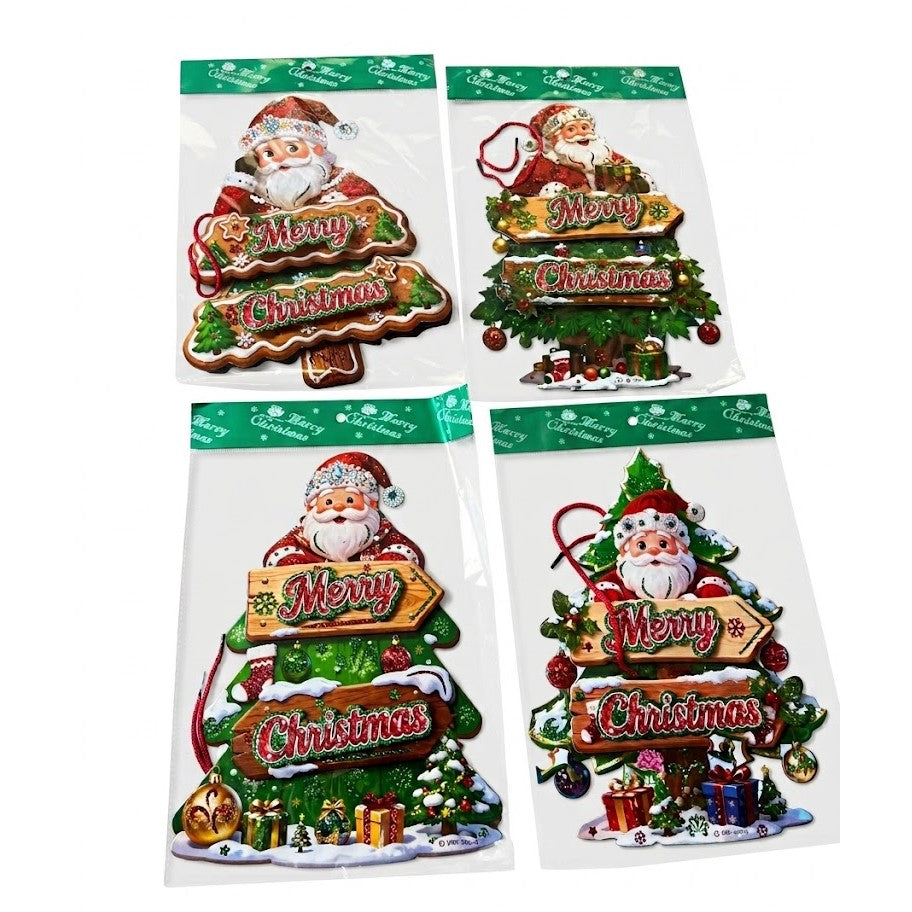 Santa Claus Christmas Tree Sign Wall Decor (11" x 15") - 3D Glitter | Wholesale