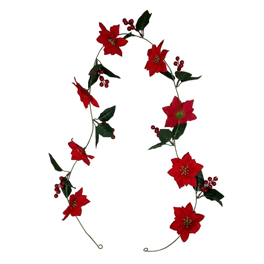 6' Artificial Red Poinsettia & Berry Christmas Floral Garland - Holiday Vine Decor | Wholesale