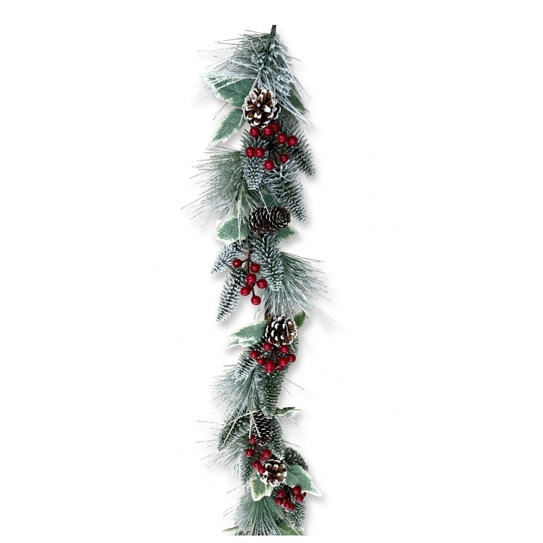 6' Frosted Pine & Holly Christmas Garland with Pinecones & Red Berries | Wholesale