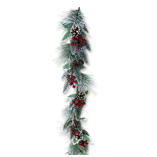 6' Frosted Pine & Holly Christmas Garland with Pinecones & Red Berries | Wholesale