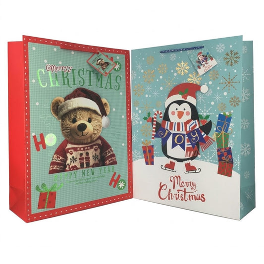 GiftRite Extra Large Christmas Gift Bags, 18" x 13" x 5", Four Assorted Designs, Wholesale