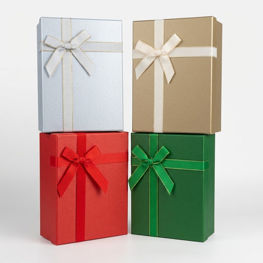 GiftRite 8" x 11" x 4" Large Holiday Gift Boxes with Ribbon Bows, 4 Assorted Metallic Colors, Wholesale
