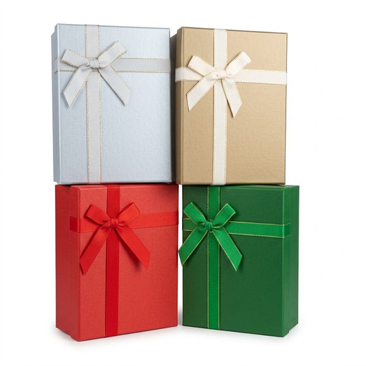 GiftRite 6" x 8" x 3" Medium Holiday Gift Boxes with Ribbon Bows, 4 Assorted Metallic Colors, Wholesale