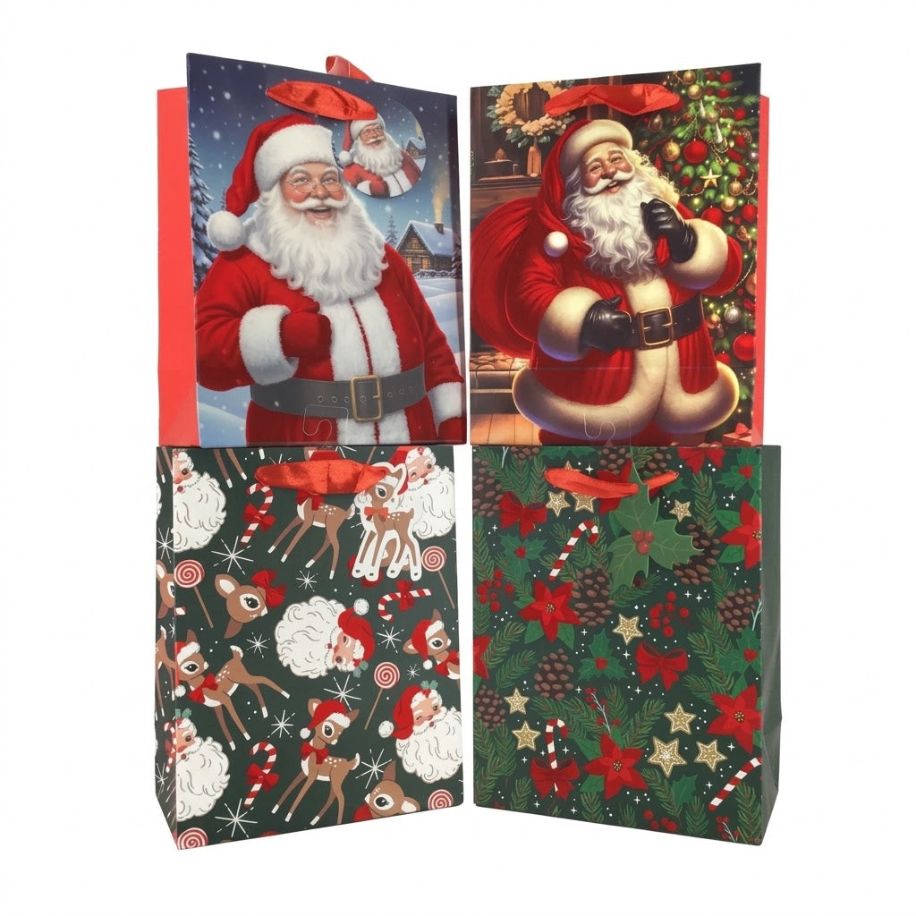 GiftRite Medium Velvet Accent Christmas Gift Bags, 9" x 7" x 4", Assorted Designs, Soft Satin Ribbon Handles, Wholesale