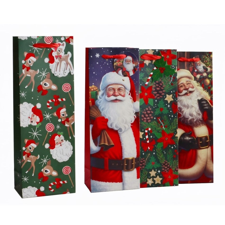 Giftrite 14" x 5" x 3.5" Christmas Wine & Bottle Gift Bags with Velvet Accents & Gift Tags (Assorted Designs) | Wholesale