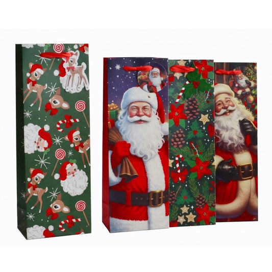 Giftrite 14" x 5" x 3.5" Christmas Wine & Bottle Gift Bags with Velvet Accents & Gift Tags (Assorted Designs) | Wholesale