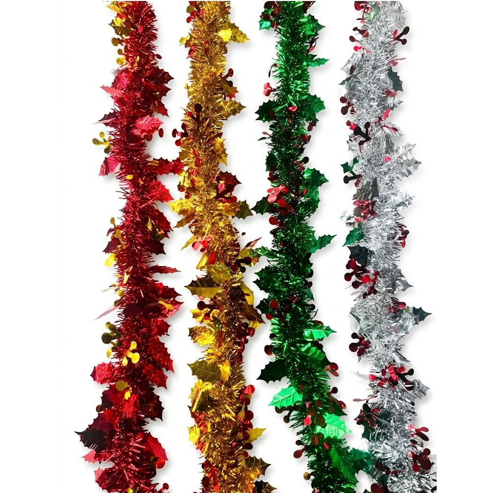 7ft Metallic Foil Christmas Tinsel Garland with Holly Leaves & Berries - Assorted Colors | Wholesale