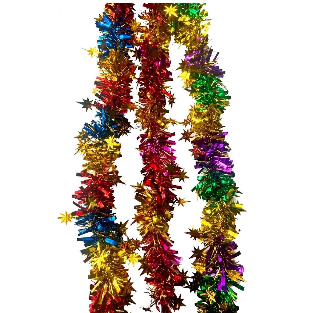 6.6' Metallic Tinsel Christmas Garland with Star Cutouts - Assorted Festive Colors | Wholesale