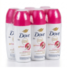 Four Dove go fresh pomegranate scent deodorant bottles on a white background