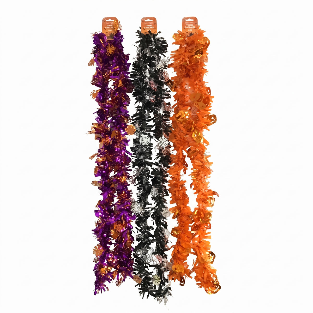 Three festive tinsel garlands hanging vertically on a plain white background, in purple and orange with gold accents, and in black and white with gold accents.