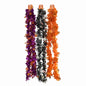 Three festive tinsel garlands hanging vertically on a plain white background, in purple and orange with gold accents, and in black and white with gold accents.