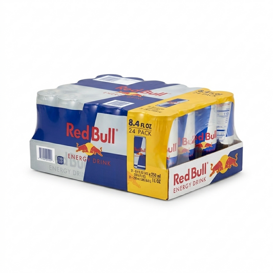 Red Bull energy drink packaging with 24 cans on a white background