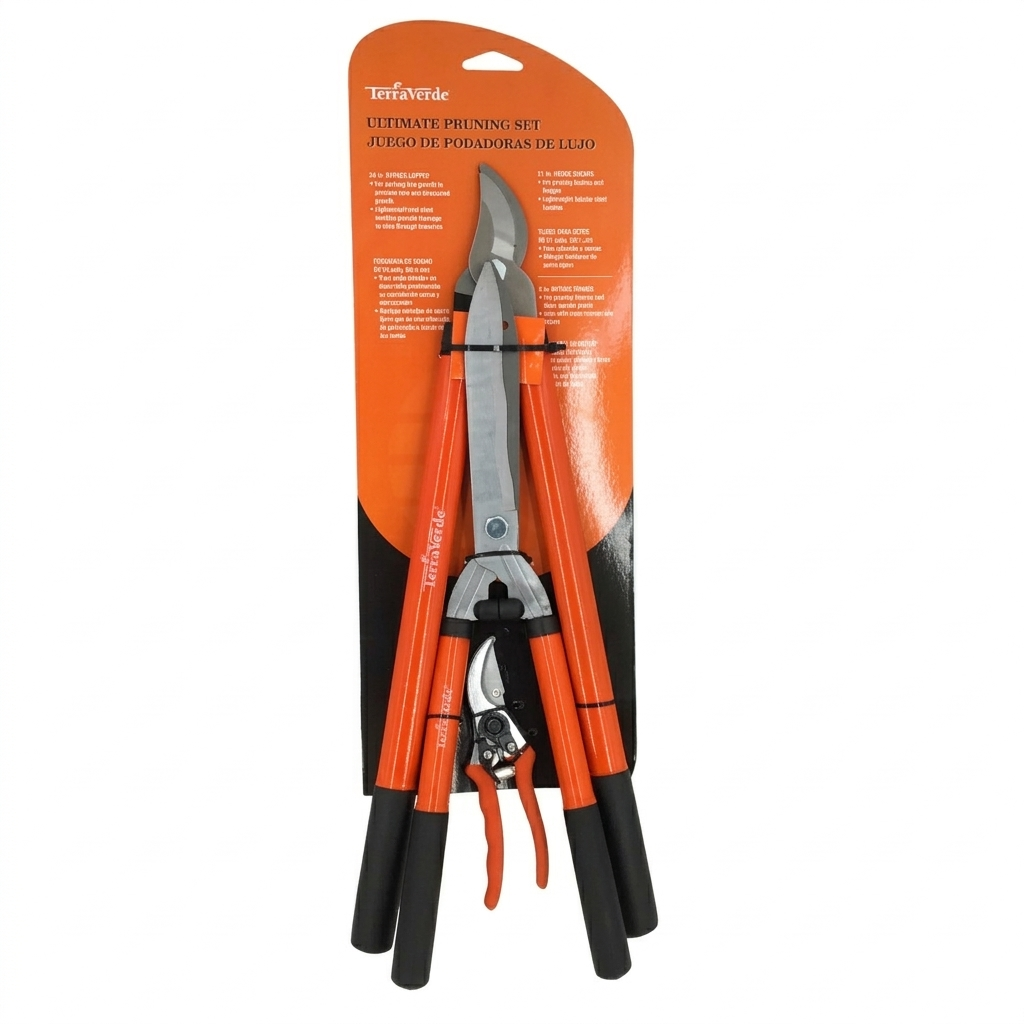 Pruning shears with orange handles in front of an orange packaging background