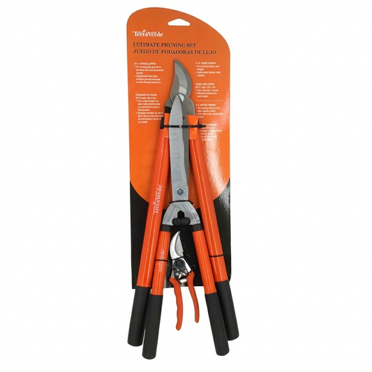 Pruning shears with orange handles in front of an orange packaging background