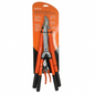 Pruning shears with orange handles in front of an orange packaging background