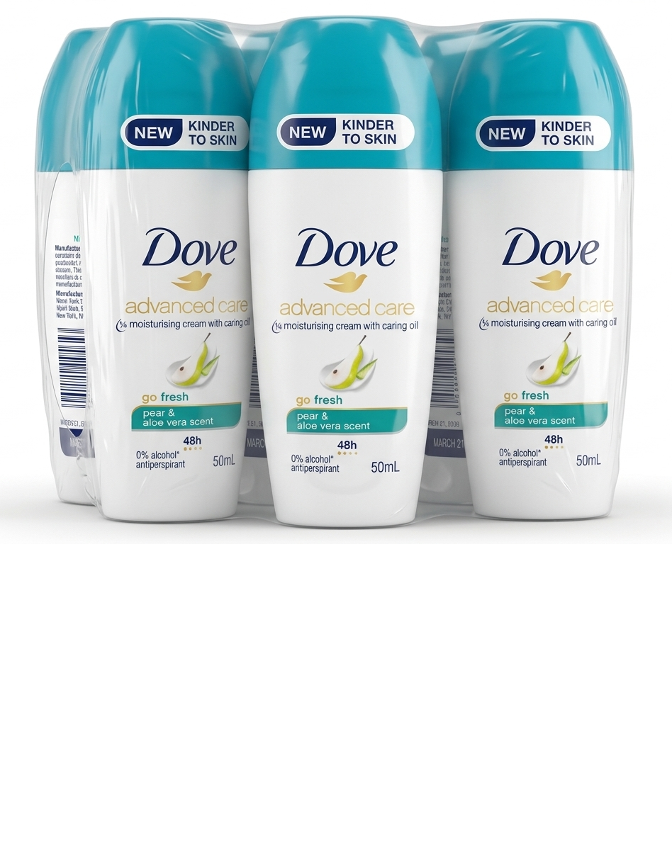 Three bottles of Dove Advanced Care Pear & aloe vera scent deodorant roll on on a white background