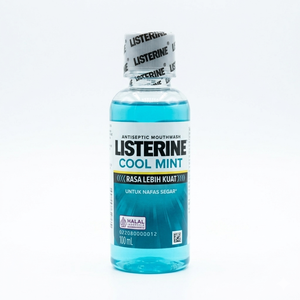 Bottle of Listerine Cool Mint mouthwash on a white background