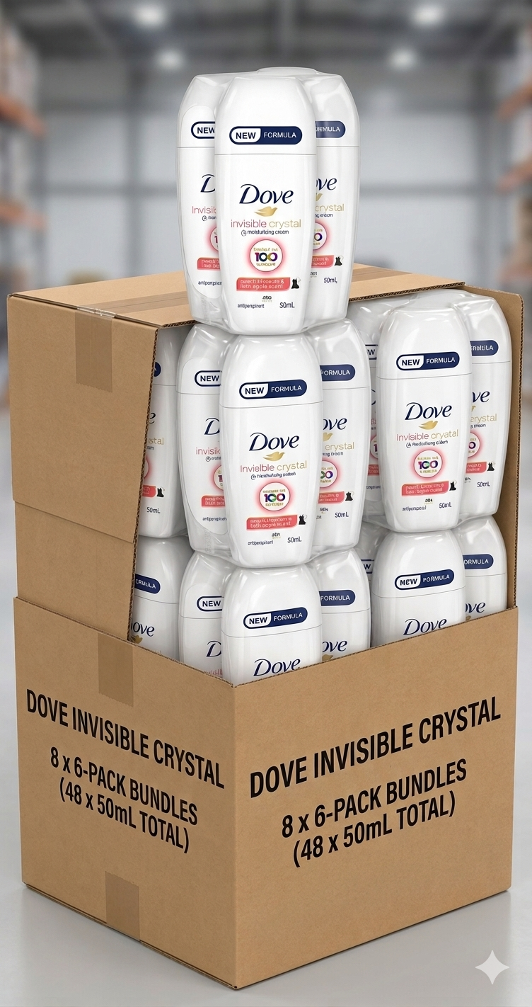 Carton of Dove Invisible Crystal deodorant with multiple bottles inside.