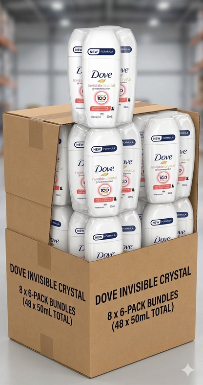 Carton of Dove Invisible Crystal deodorant with multiple bottles inside.