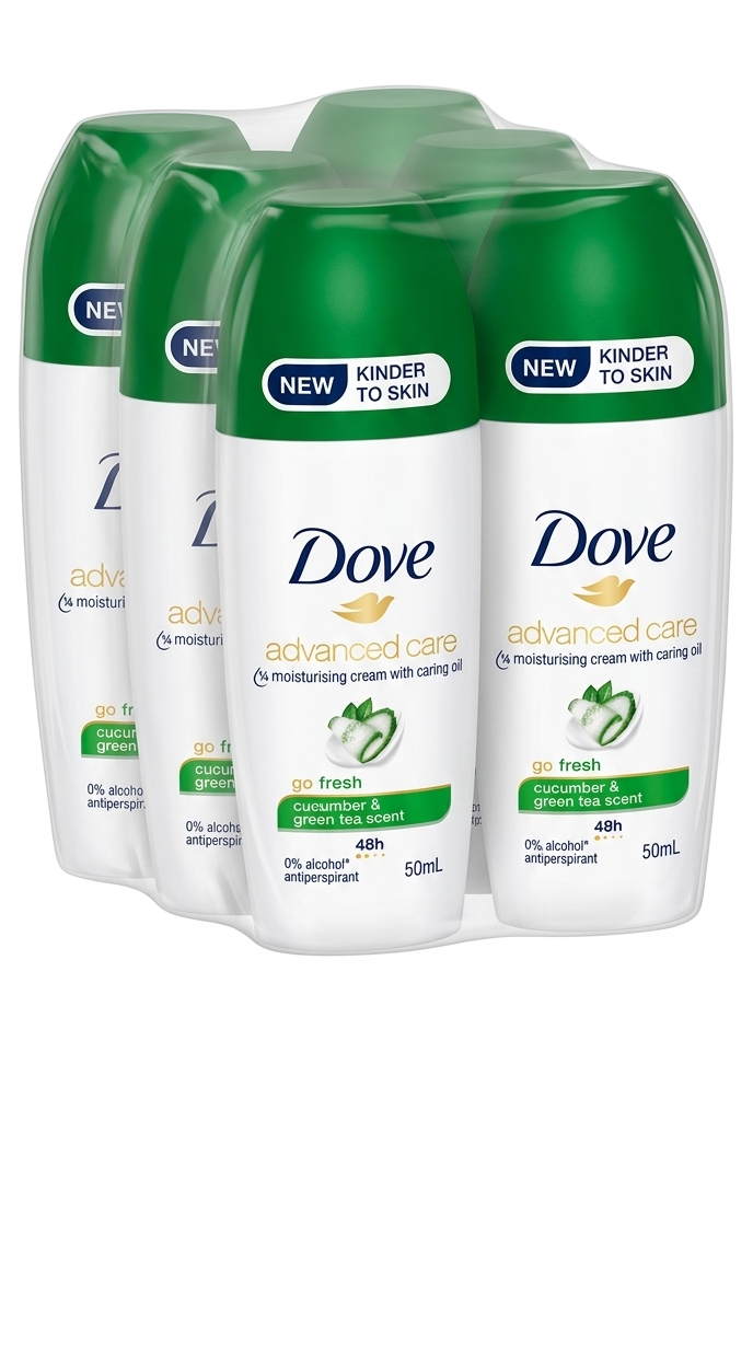 Three bottles of Dove Advanced Care Cucumber and Green Tea scent antiperspirant deodorant on a white background
