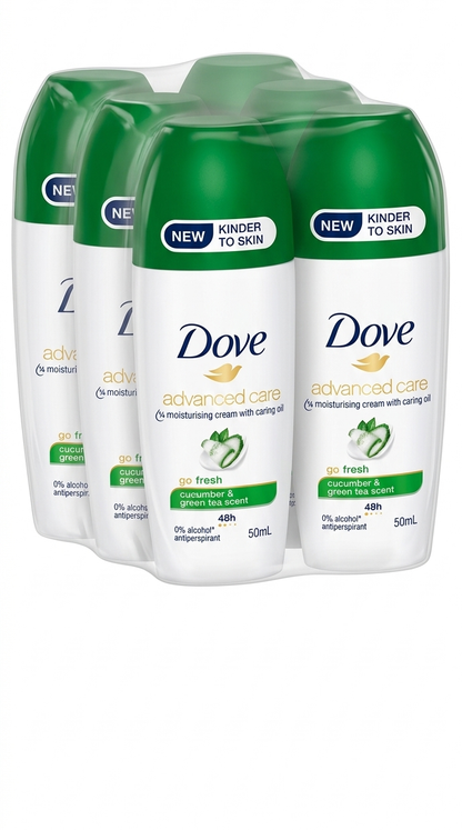 Three bottles of Dove Advanced Care Cucumber and Green Tea scent antiperspirant deodorant on a white background