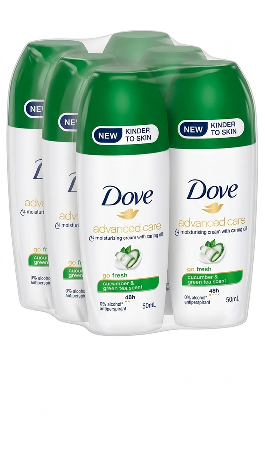 Three bottles of Dove Advanced Care Cucumber and Green Tea scent antiperspirant deodorant on a white background