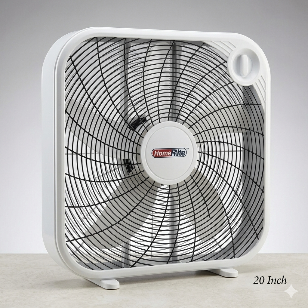 20-inch box fan with 'HomeRite' branding on a gray background