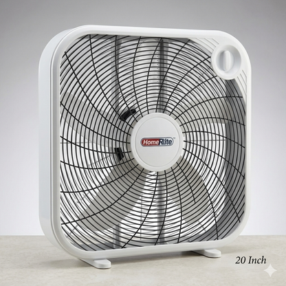 20-inch box fan with 'HomeRite' branding on a gray background